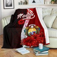 Nauru Polynesian Premium Blanket - Coat Of Arm With Hibiscus White - Polynesian Pride
