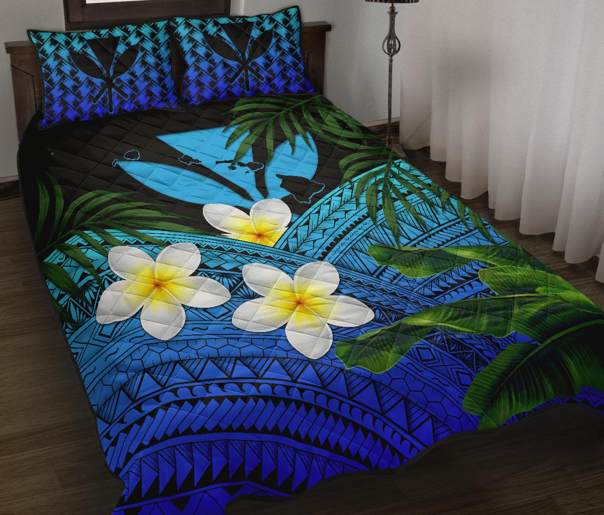 Kanaka Maoli (Hawaiian) Quilt Bed Set, Polynesian Plumeria Banana Leaves Blue Blue - Polynesian Pride