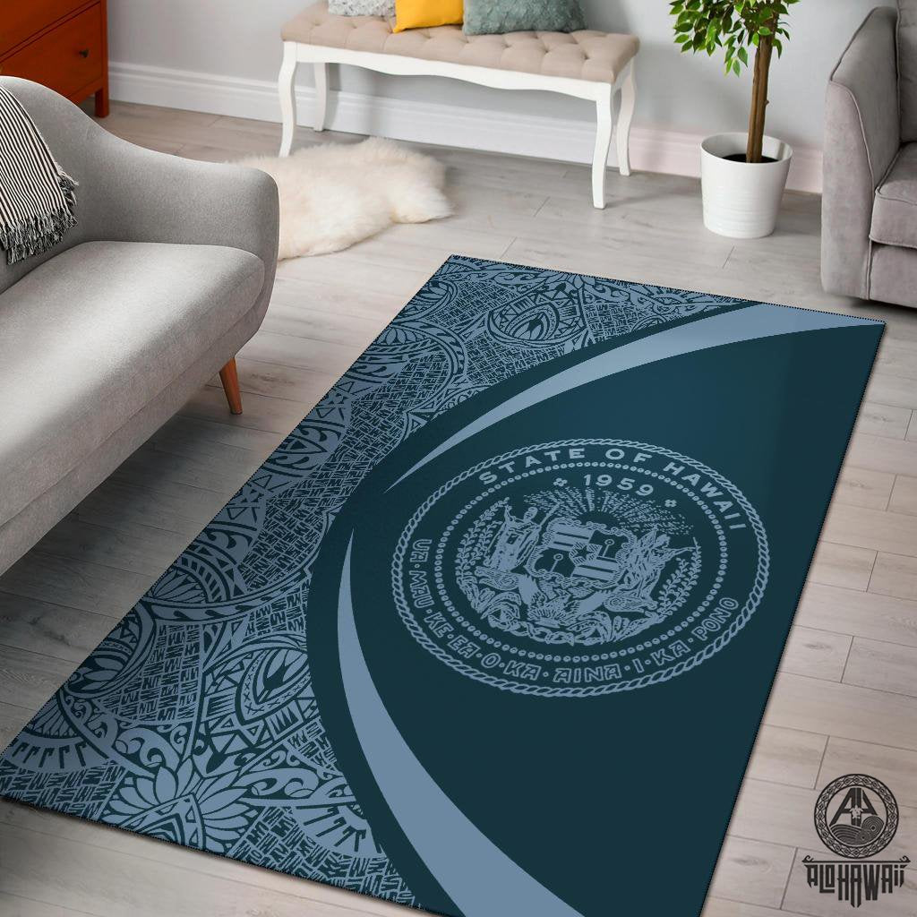 Hawaii Coat Of Arms Polynesian Area Rug Circle Style Rug Blue Black - Polynesian Pride