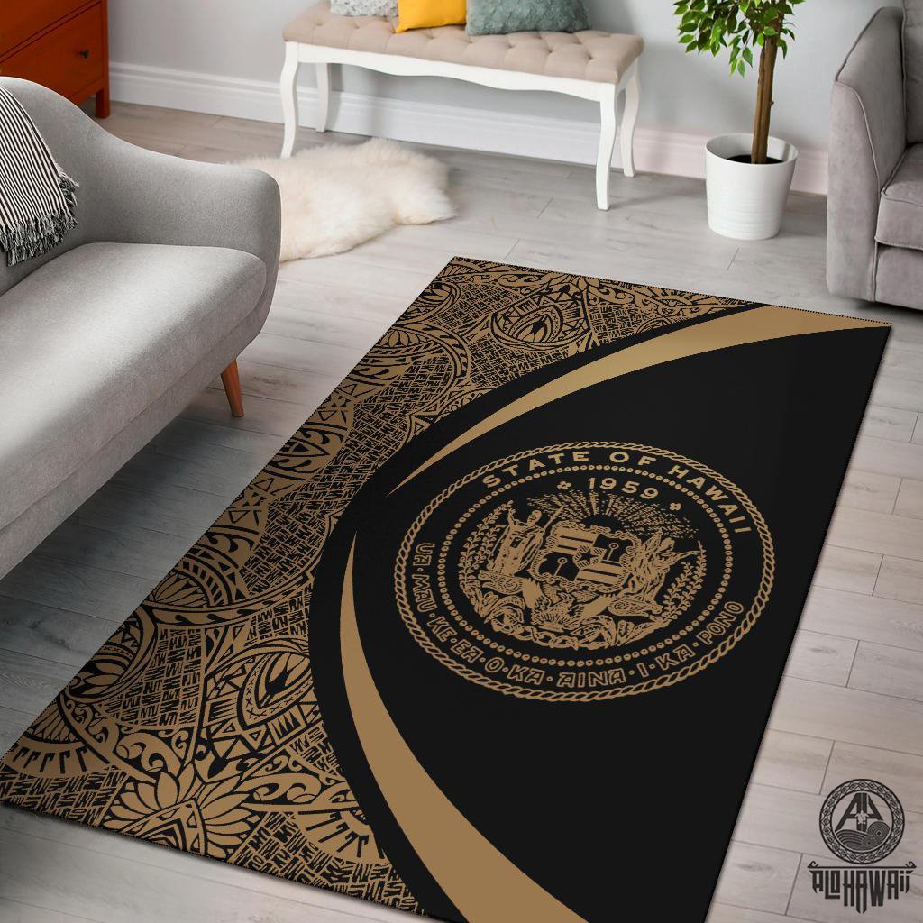 Hawaii Coat Of Arms Polynesian Area Rug Circle Style Rug Gold - Polynesian Pride