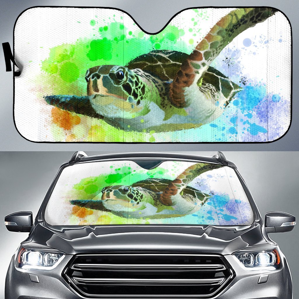Hawaii Sea Turtle Swimming Car Sun Shade Rainbow Auto Sun Shade Universal Fit Blue - Polynesian Pride