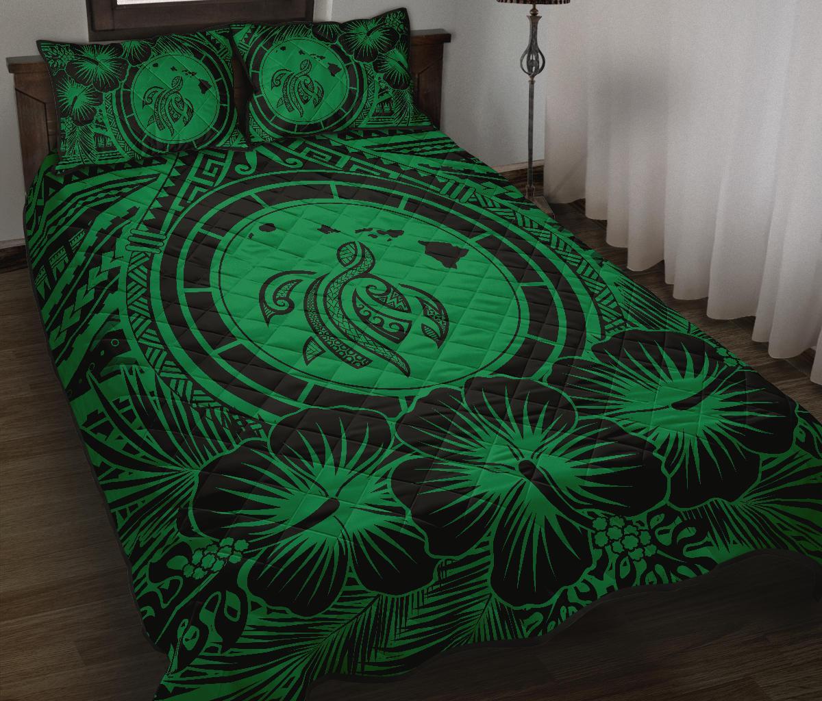 Hawaiian Map Honu Hibiscus Green Polynesian Quilt Bed Set - Polynesian Pride