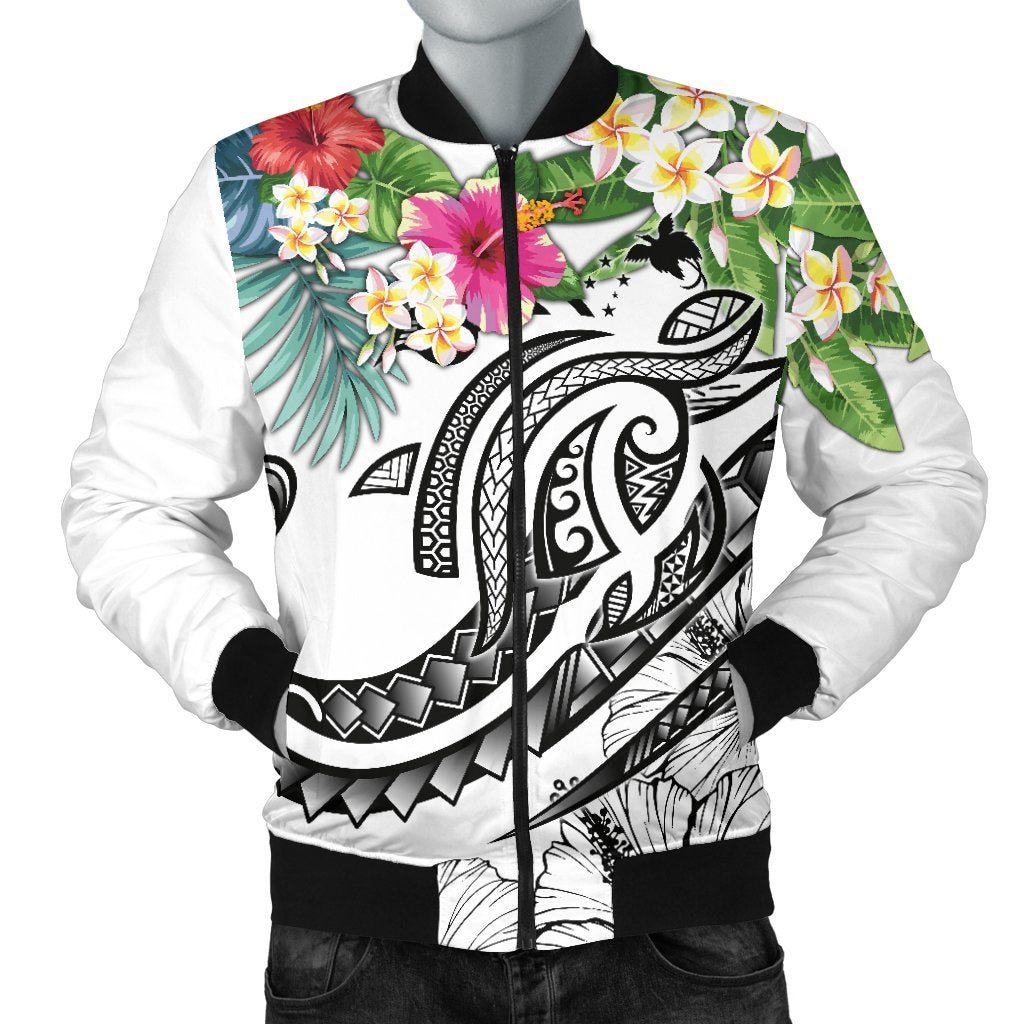 Papua New Guinea Polynesian Men's Bomber Jacket - Summer Plumeria (White) White - Polynesian Pride
