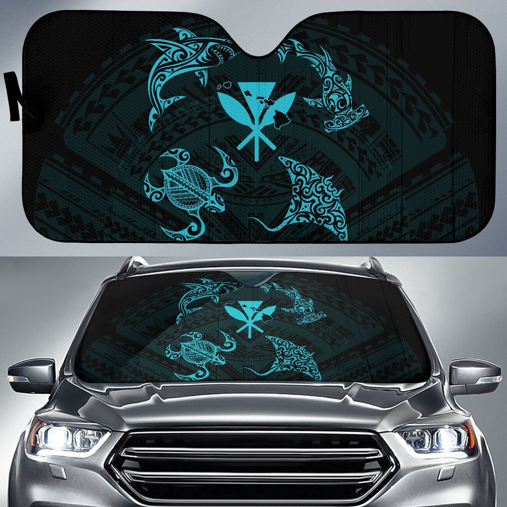 Polynesian Turtle Hammerhead Shark Manta Ray Hawaii Car Sun Shade Circle - AH - Blue Auto Sun Shade Universal Fit Blue - Polynesian Pride