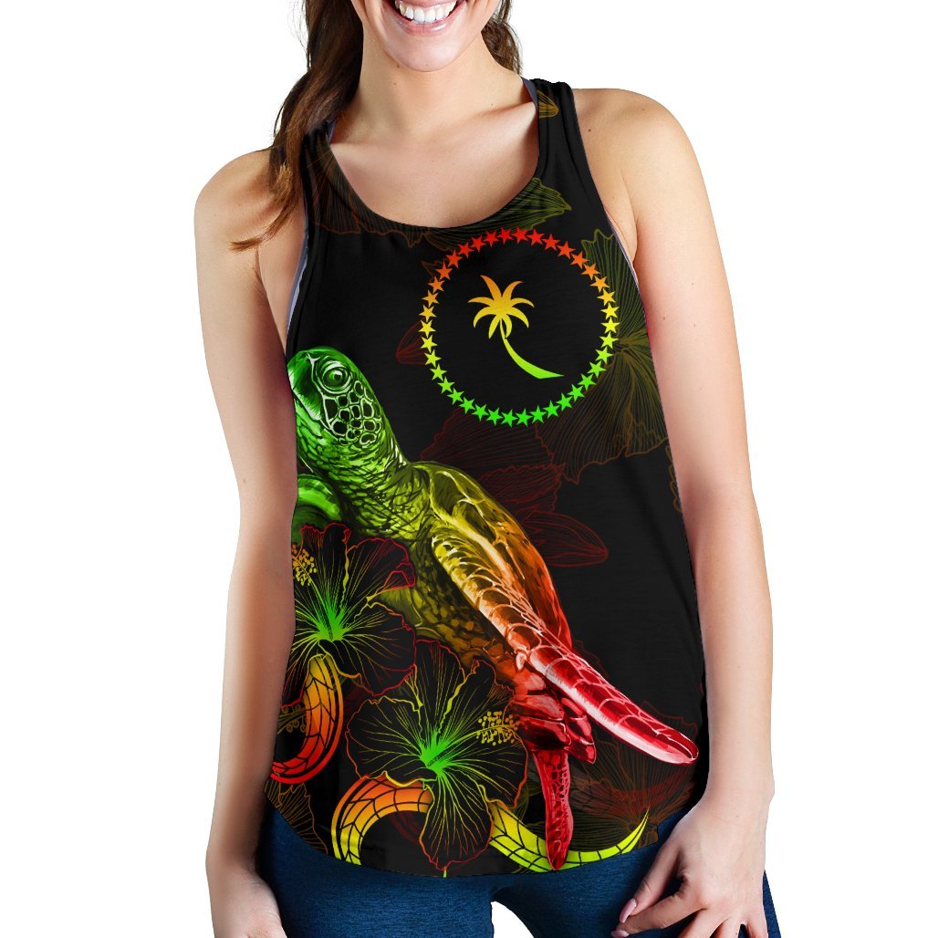 Chuuk Polynesian Women Tank Top - Turtle With Blooming Hibiscus Reggae - Polynesian Pride