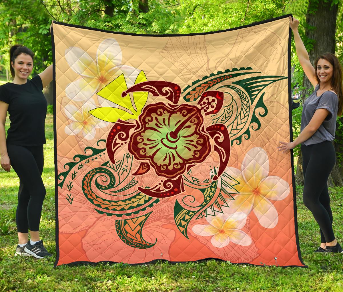 Hawaii Turtle Kanaka Plumeria Hibiscus Premium Quilt - Kity Style - AH Orange - Polynesian Pride