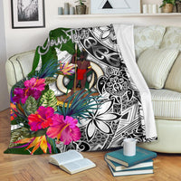 Vanuatu Custom Personalised Premium Blanket White - Turtle Plumeria Banana Leaf - Polynesian Pride