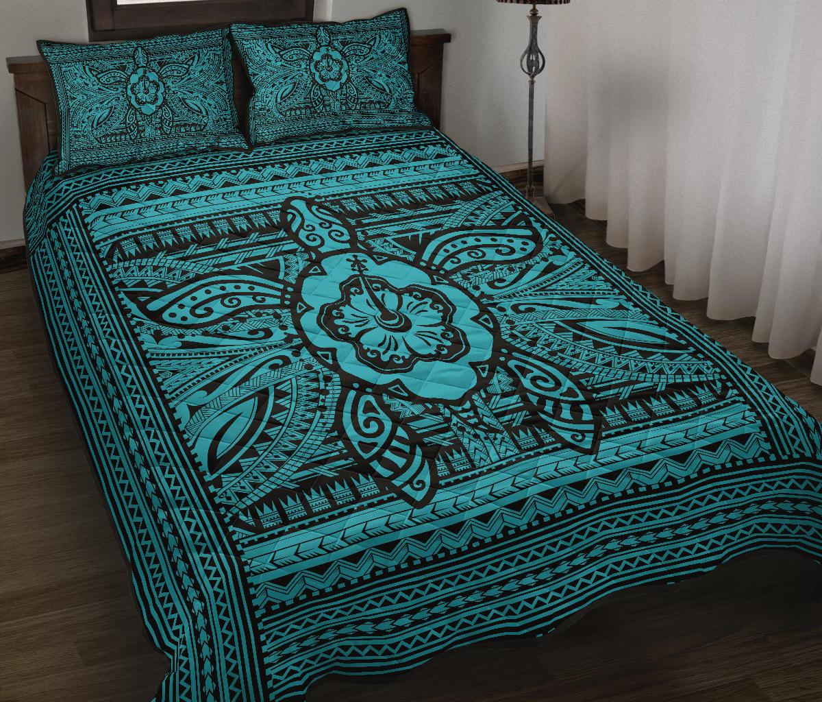 Hawaii Polyensian Turtle Quilt Bed Set Blue - Polynesian Pride