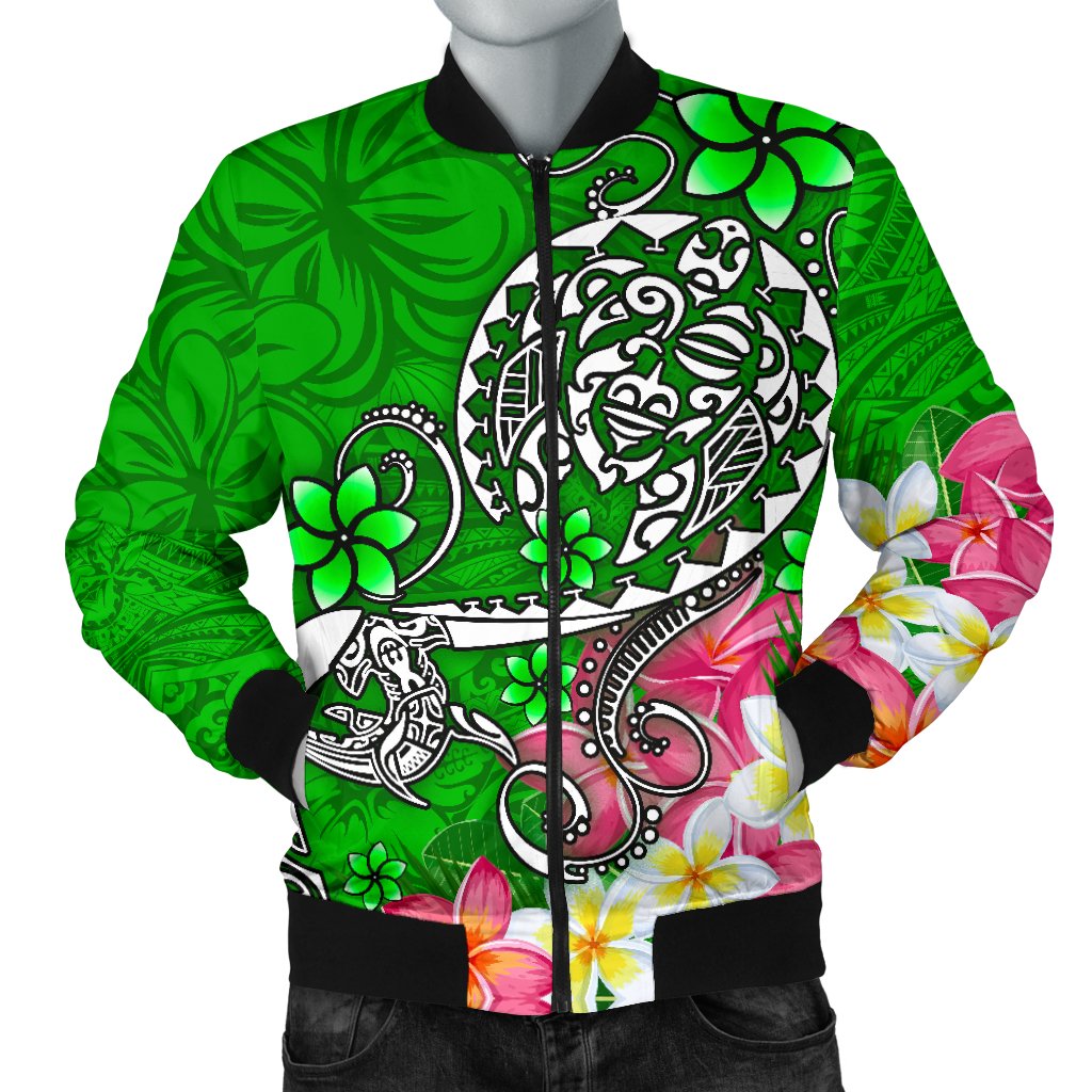 Polynesian Men's Bomber Jacket - Turtle Plumeria Green Color Green - Polynesian Pride