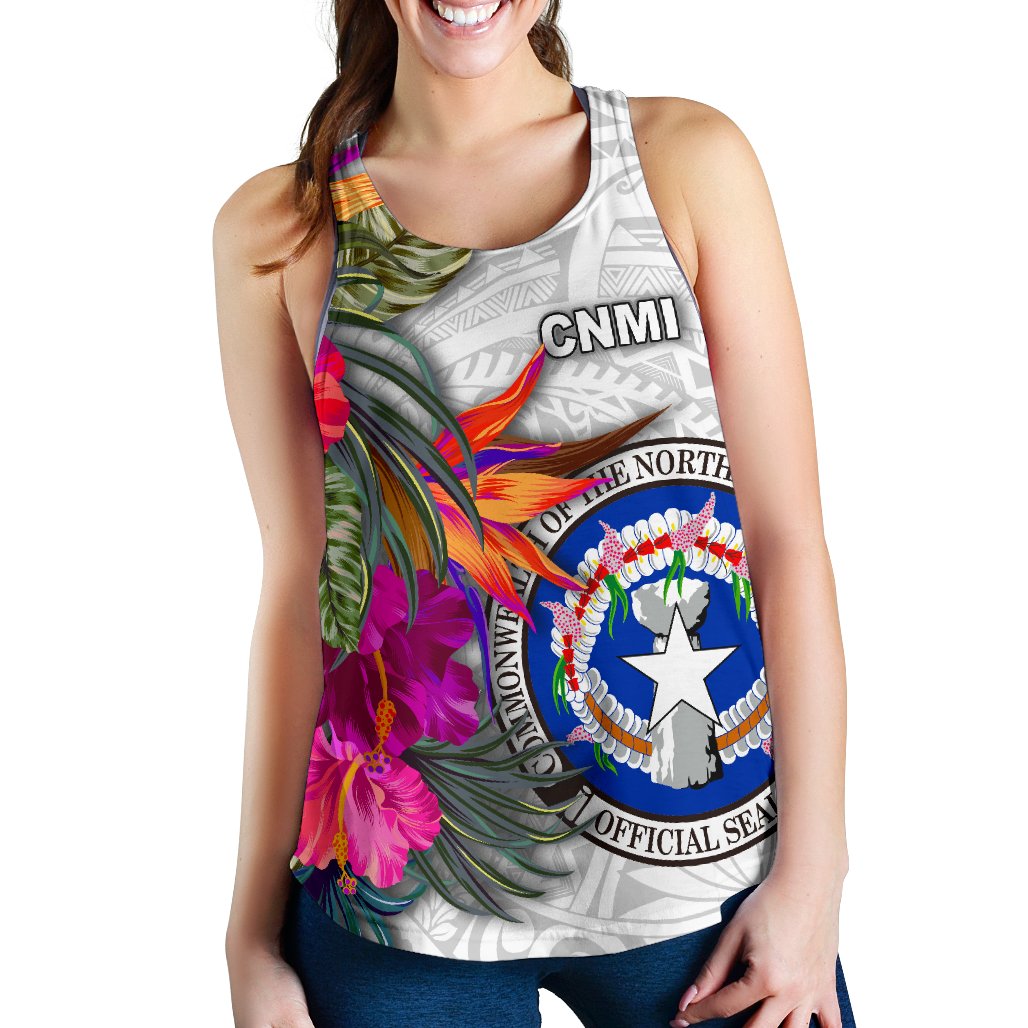 Northern Mariana Islands Women's Racerback Tank Polynesian Hibiscus White Pattern - Polynesian Pride
