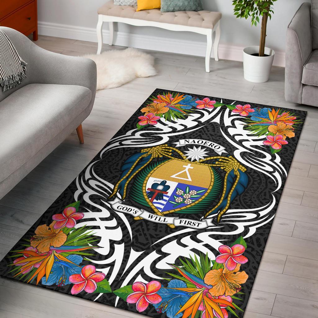 Nauru Area Rug - Coat OfArmsWith Tropical Flowers Black - Polynesian Pride