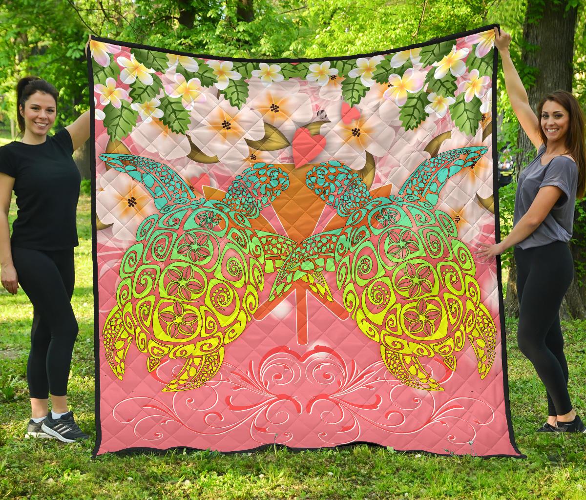 Hawaii Turtle Couple Plumeria Valentine Pattern Premium Quilt - Bond Style - AH Pink - Polynesian Pride