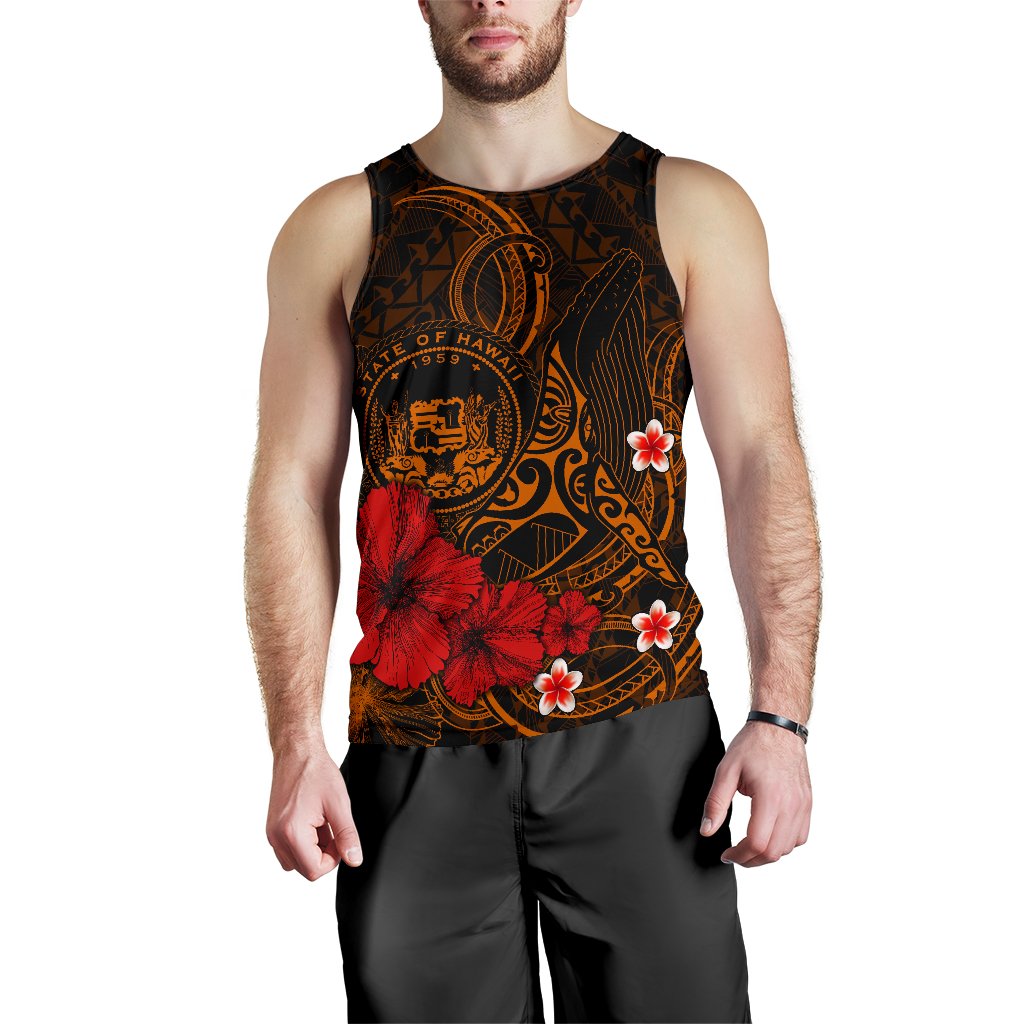 Polynesian Hawaii Men's Tank Top - Humpback Whale with Hibiscus (Golden) - Polynesian Pride