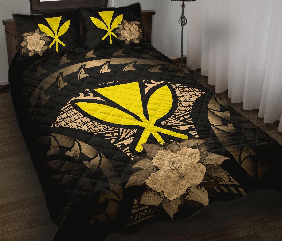 Kanaka Maoli (Hawaii) Polynesian Quilt Bed Set Hibiscus Gold Black - Polynesian Pride