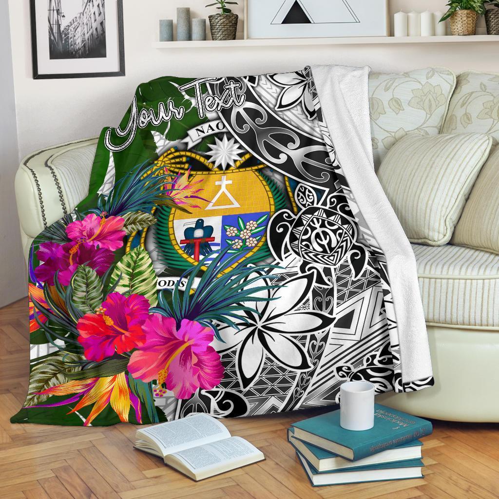 Nauru Custom Personalised Premium Blanket White - Turtle Plumeria Banana Leaf Crest - Polynesian Pride