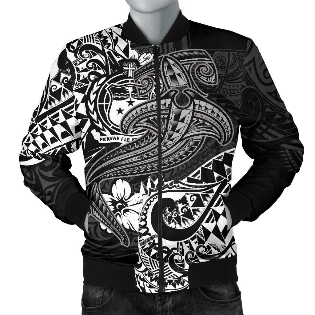 Samoa Men's Bomber Jacket - White Shark Polynesian Tattoo White - Polynesian Pride