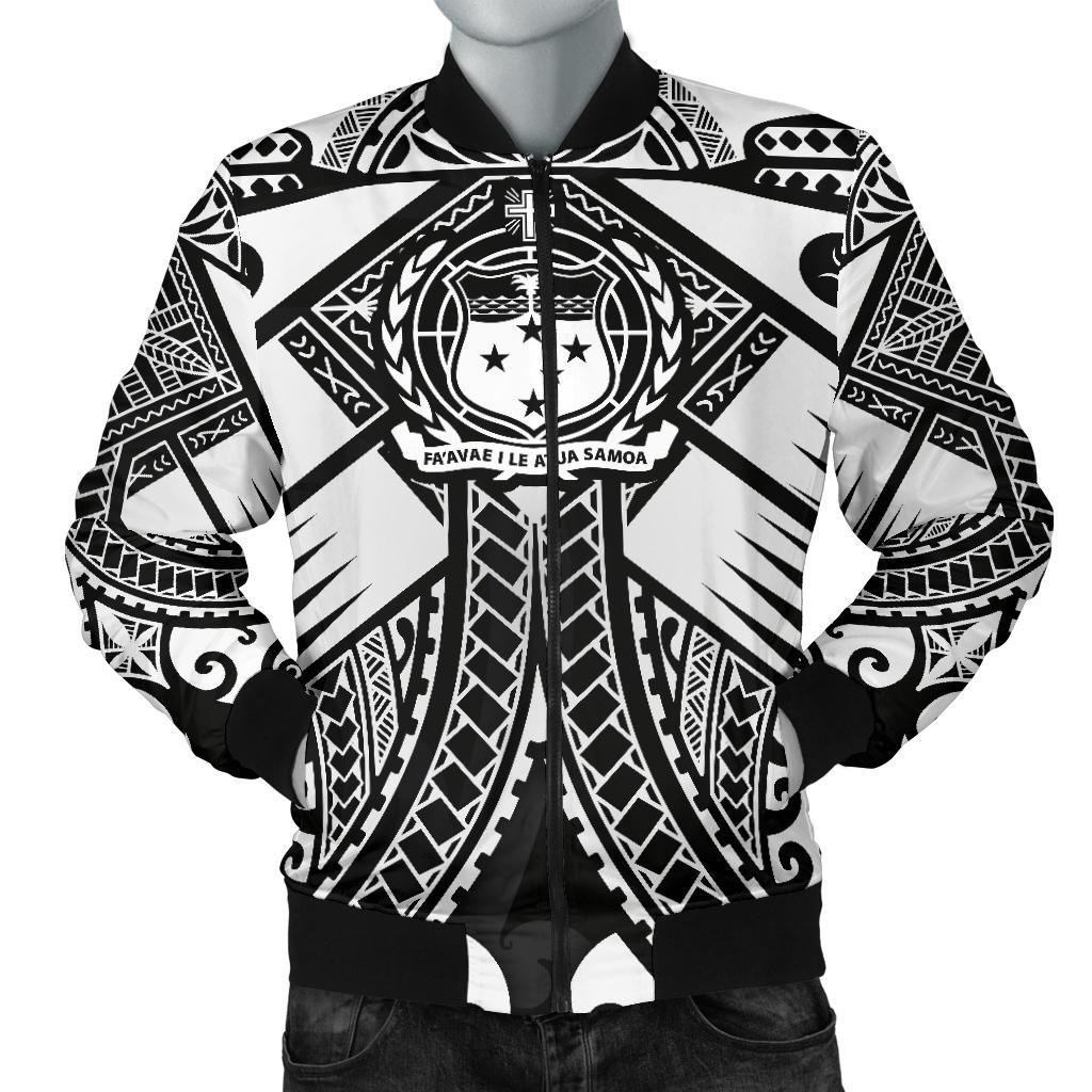 Samoa Polynesian Men's Bomber Jacket - Samoa White Seal with Polynesian Tattoo White - Polynesian Pride