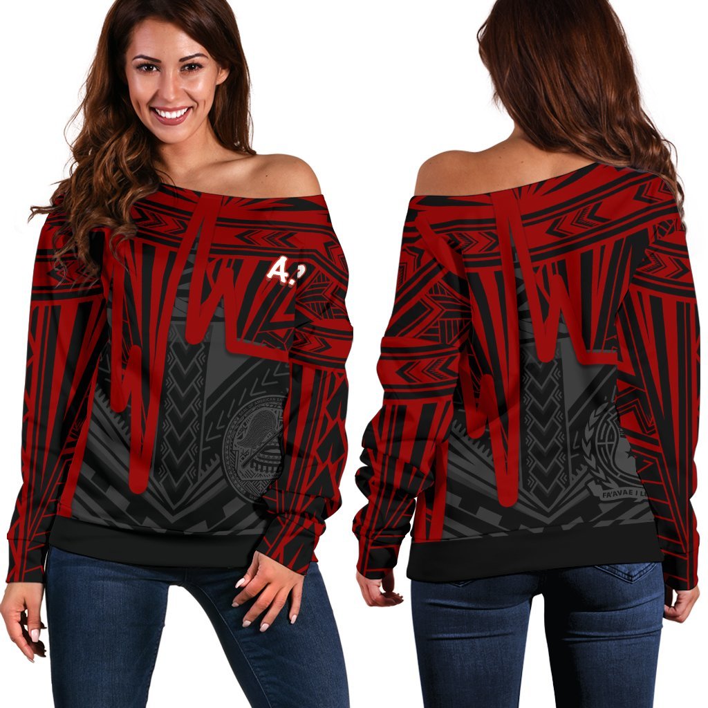 American Samoa Women's Off Shoulder Sweater - Seal With Polynesian Pattern Heartbeat Style (Red) - Polynesian Pride