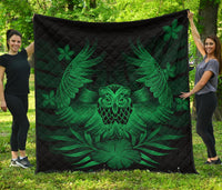 Hawaii Owl Hibiscus Plumeria Premium Quilt - Green Green - Polynesian Pride