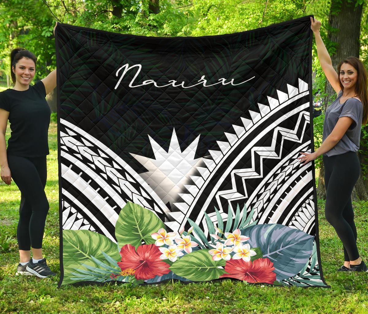Nauru Premium Quilt - Nauru Coat of Arms & Polynesian Tropical Flowers White - Polynesian Pride