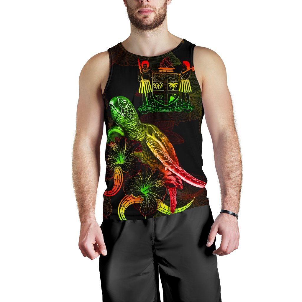 Fiji Polynesian Men Tank Top - Turtle With Blooming Hibiscus Reggae - Polynesian Pride