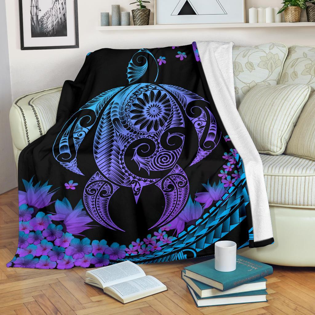 Hawaii Turtle Polynesian Hibiscus Premium Blanket - Boot Style White - Polynesian Pride