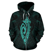 Polynesian Fish Hook Kanaka Map of Hawaii Zip Hoodie Turquoise - Polynesian Pride
