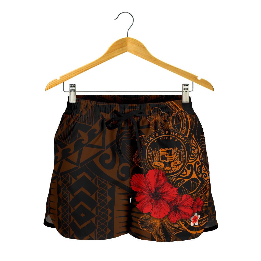 Polynesian Hawaii Women's Shorts - Humpback Whale with Hibiscus (Golden) - Polynesian Pride
