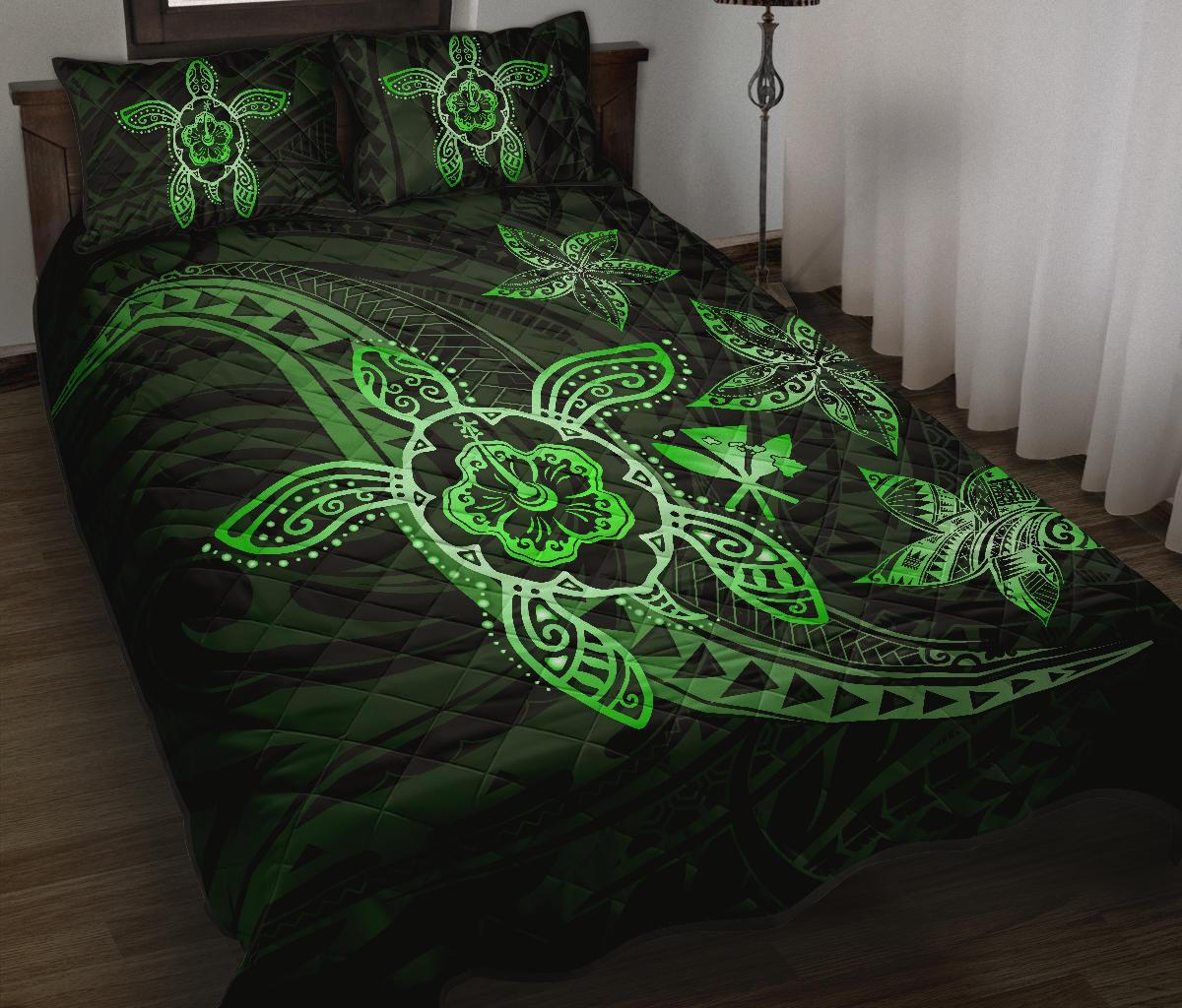 Kanaka Map Hibiscus Plumeria Turtle Art Green Polynesian Quilt Bed Set - Polynesian Pride