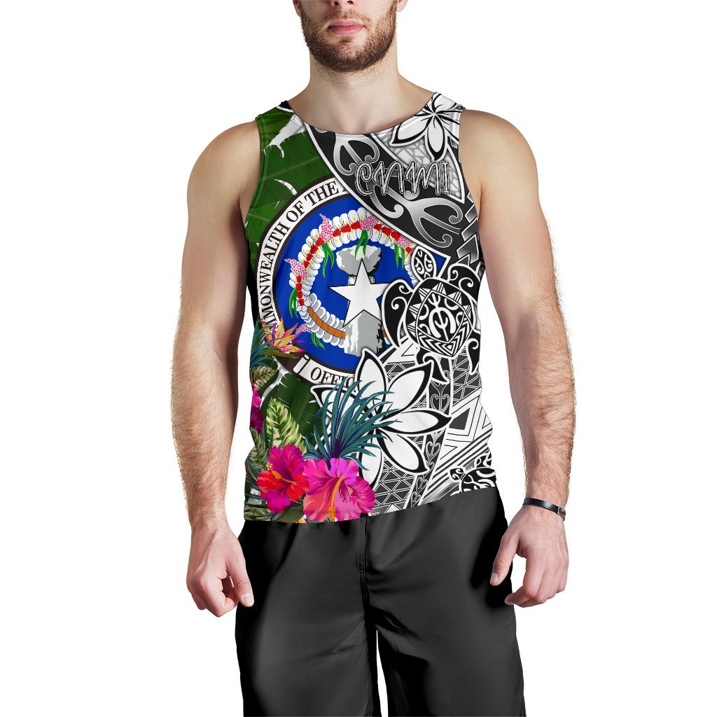 Northern Mariana Islands Men's Tank Top White - Turtle Plumeria Banana Leaf - Polynesian Pride