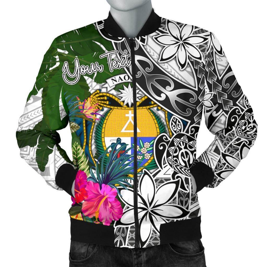 Nauru Custom Personalised Men's Bomber Jacket White - Turtle Plumeria Banana Leaf Crest White - Polynesian Pride