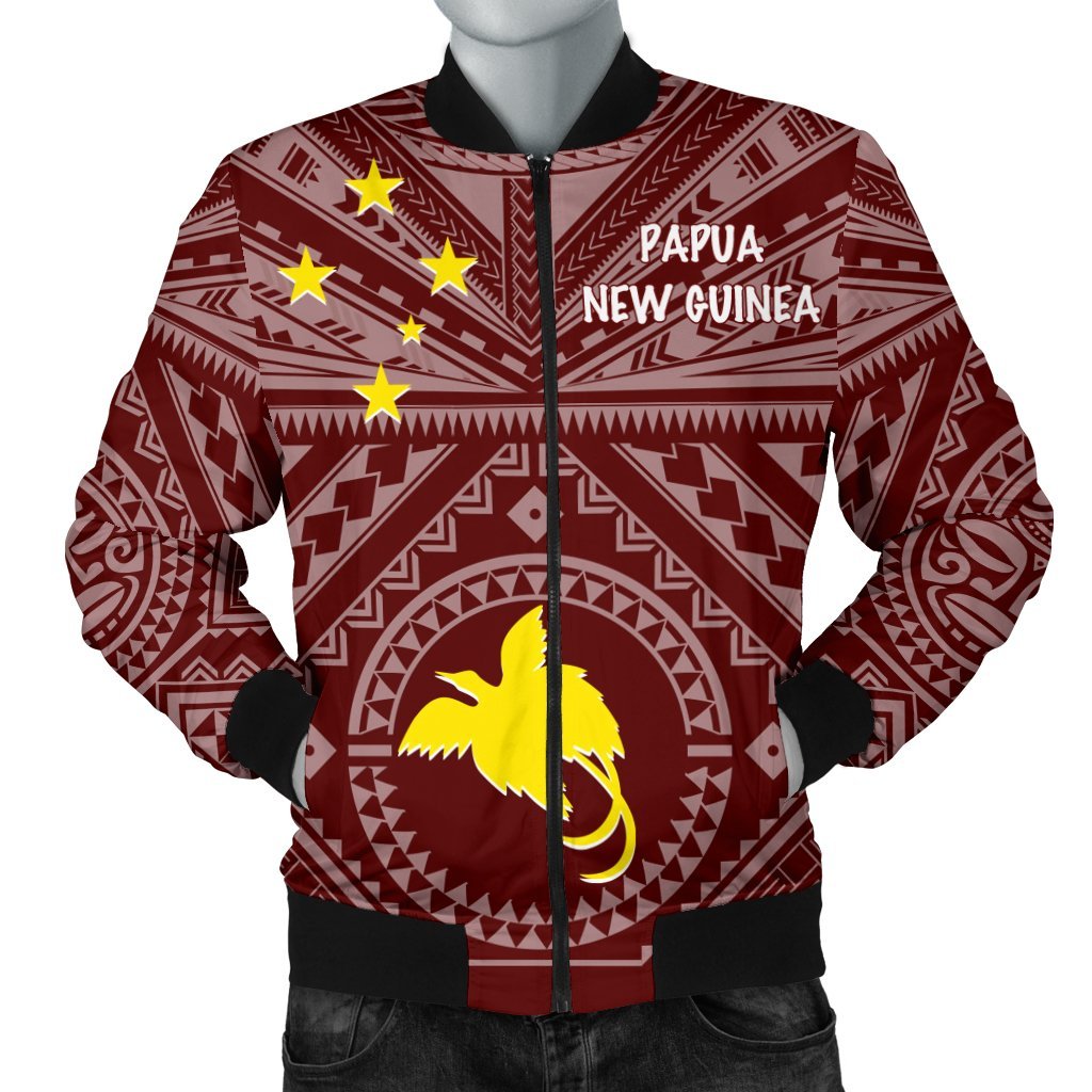 Papua New Guinea Men's Bomber Jacket - Flag With Polynesian Patterns (Red) Red - Polynesian Pride