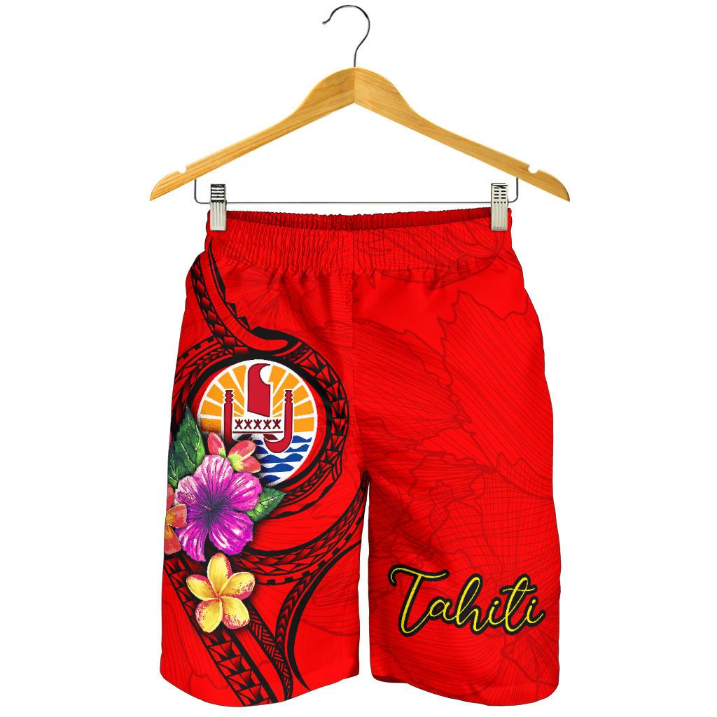 Tahiti Polynesian Men's Shorts - Floral With Seal Red - Polynesian Pride