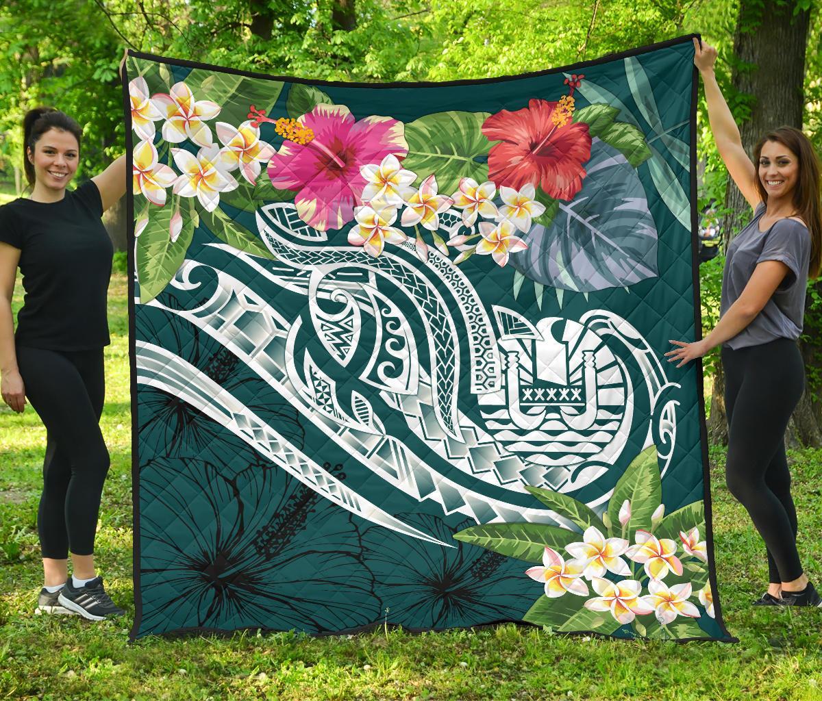 Tahiti Polynesian Premium Quilt - Summer Plumeria (Turquoise) - Polynesian Pride