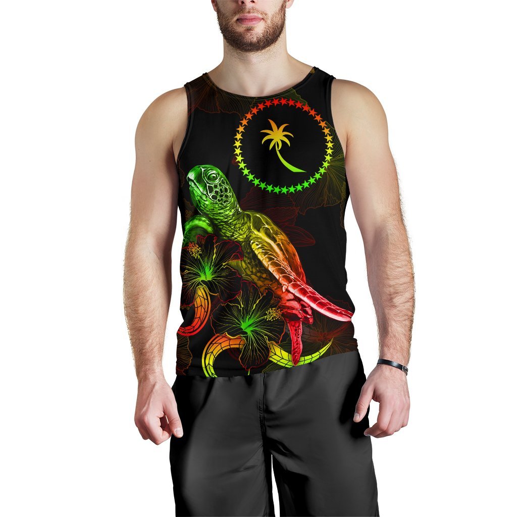 Chuuk Polynesian Men Tank Top - Turtle With Blooming Hibiscus Reggae - Polynesian Pride