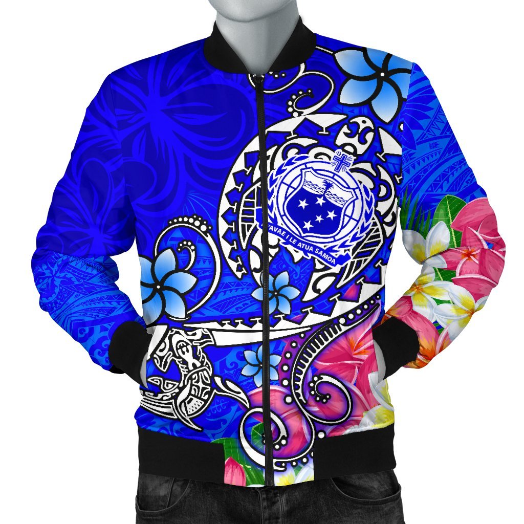 Samoa Men's Bomber Jacket - Turtle Plumeria (Blue) Blue - Polynesian Pride