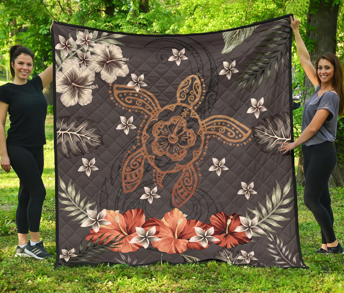 Hawaii Turtle Polynesian Hibiscus Kanaka Style Tropical - Premium Quilt AH Gray - Polynesian Pride