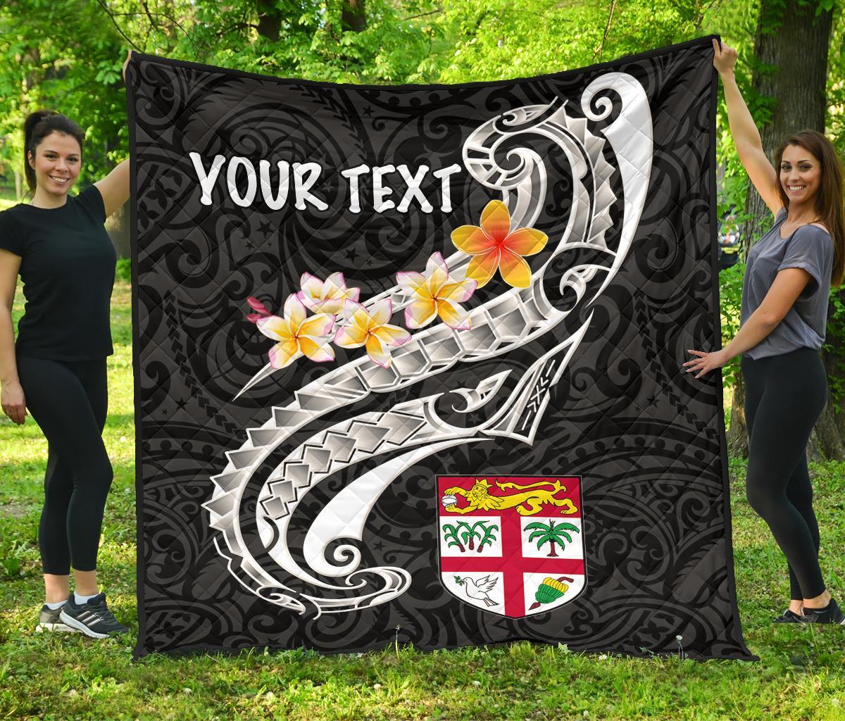 Fiji Custom Personalised Premium Quilt - Fiji Seal Polynesian Patterns Plumeria (Black) - Polynesian Pride