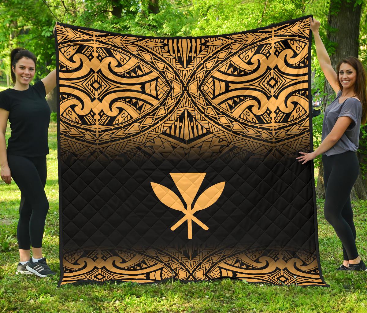 Hawaii Premium Quilt - Gold Kanaka Maoli Polynesian Tattoo & Black Frog Gold - Polynesian Pride