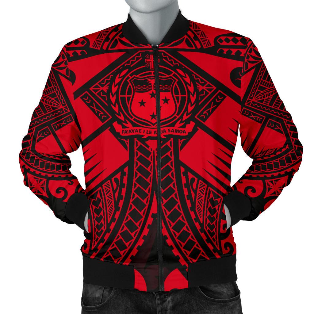 Samoa Polynesian Men's Bomber Jacket - Samoa Red Seal with Polynesian Tattoo Red - Polynesian Pride