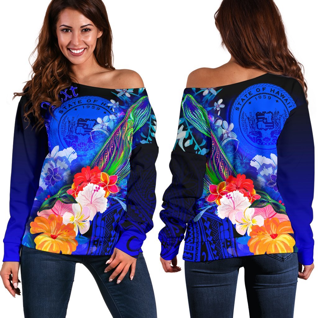 Polynesian Hawaii Custom Personalised Women's Off Shoulder Sweater - Humpback Whale with Tropical Flowers (Blue) Blue - Polynesian Pride