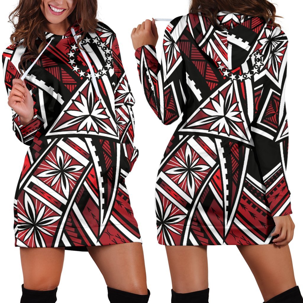 Cook Islands Women's Hoodie Dress - Tribal Flower Special Pattern Red Color - Polynesian Pride