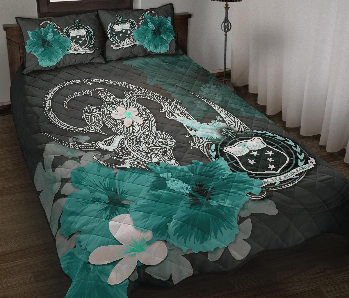 Samoa Quilt Bed Set - Hibiscus Turtle Tribal Turquoise - Polynesian Pride