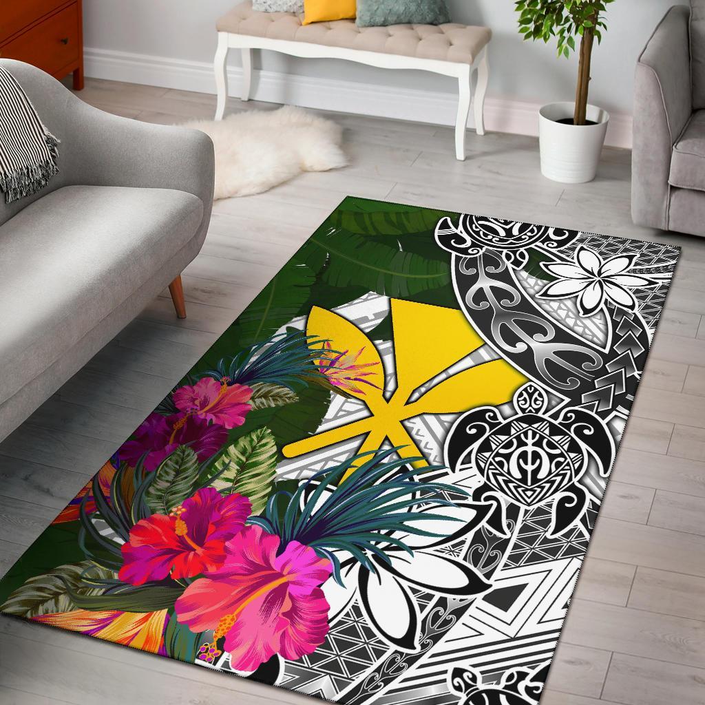 Hawaii Area Rug White - Turtle Plumeria Banana Leaf - Polynesian Pride