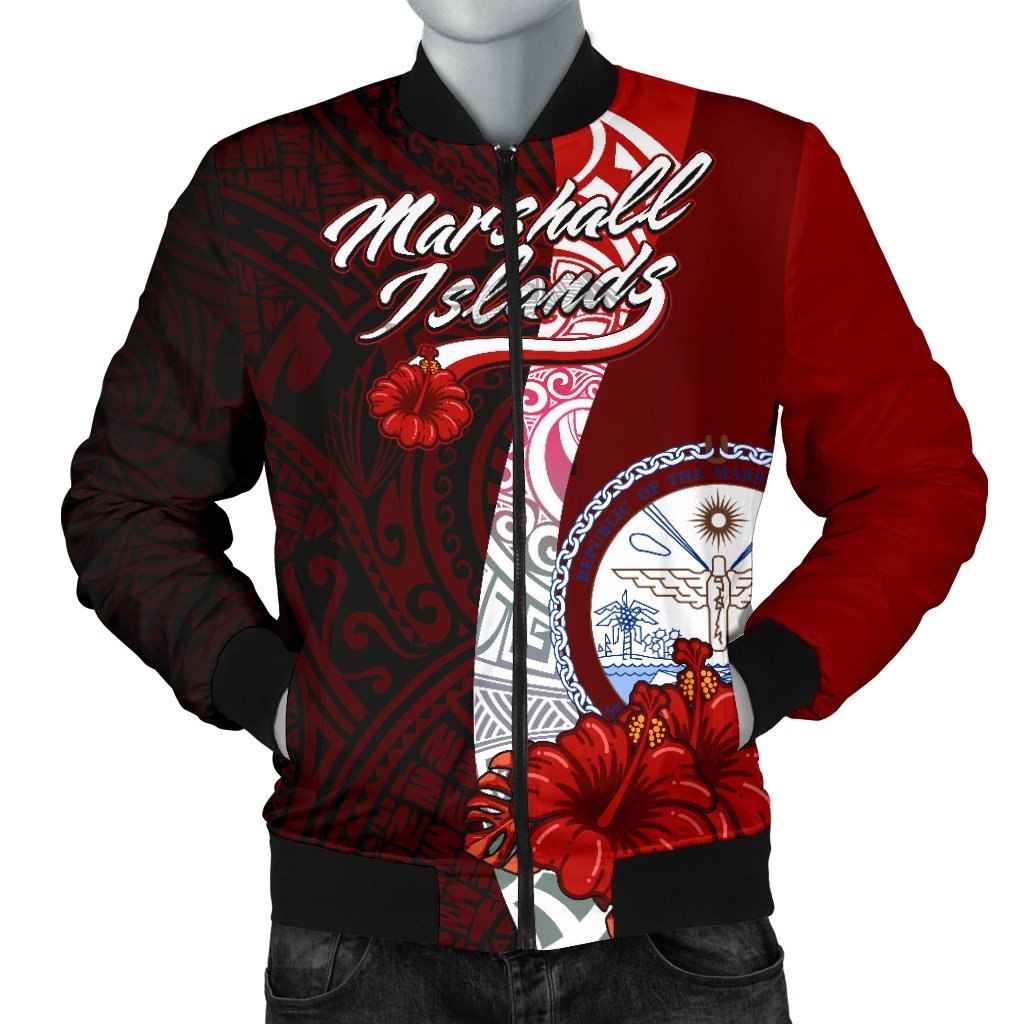 Marshall Islands Polynesian Men's Bomber Jacket - Coat Of Arm With Hibiscus Red - Polynesian Pride