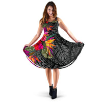 Polynesian Midi Dress - Hibiscus Pattern Women Black - Polynesian Pride