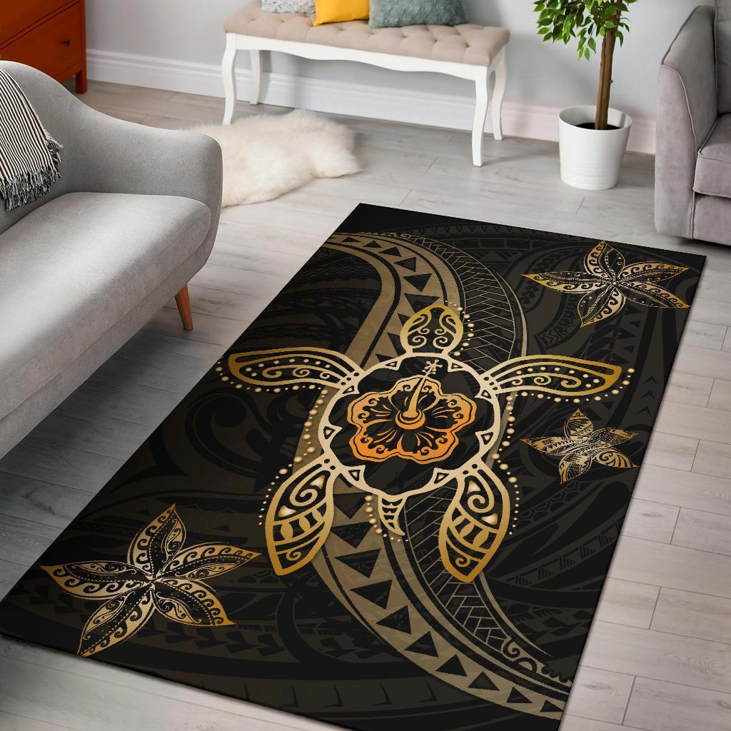 Kanaka Map Hibiscus Plumeria Turtle Art Polynesian Area Rug Gold AH Gold - Polynesian Pride