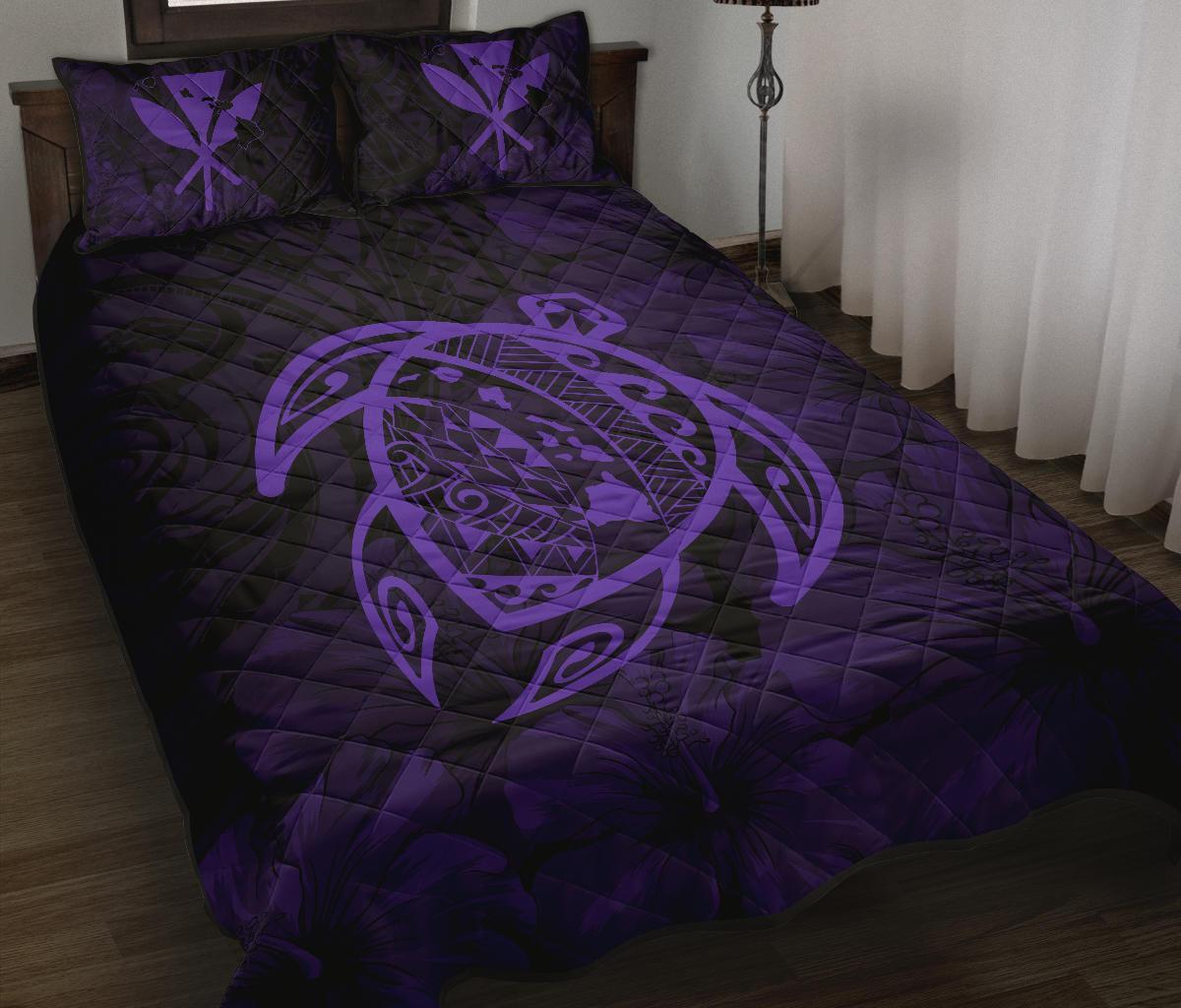 Hawaii Turtle Kanaka Map Hibiscus Poly Quilt Bed Set - Purple - Polynesian Pride