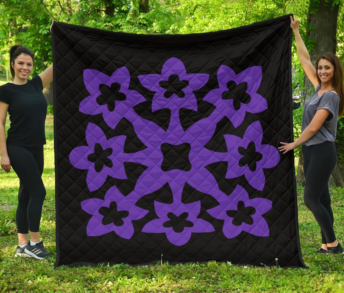 Hawaiian Premium Quilt Royal Pattern - Black And Purple - A1 Style Purple - Polynesian Pride