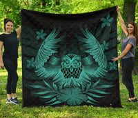 Hawaii Owl Hibiscus Plumeria Premium Quilt - Turquoise Turquoise - Polynesian Pride